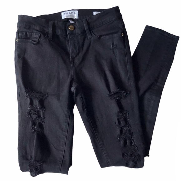 FRAME Black Denim Ripped 26 Le Skinny Film Noir - Picture 2 of 15